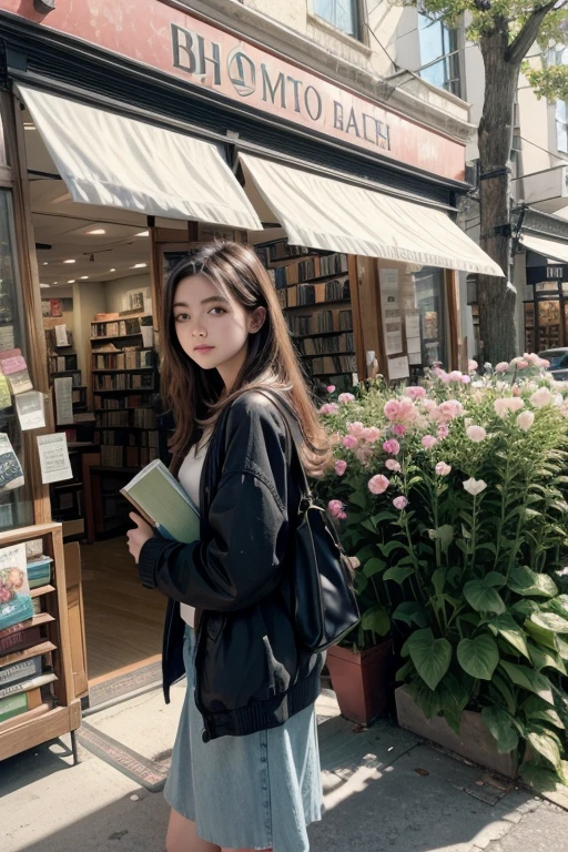 





*imageio: Clara in front of the bookstore, surrounded by flowers and books.*

