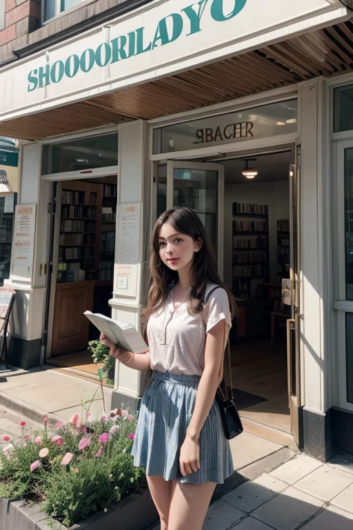





*imageio: Clara in front of the bookstore, surrounded by flowers and books.*

