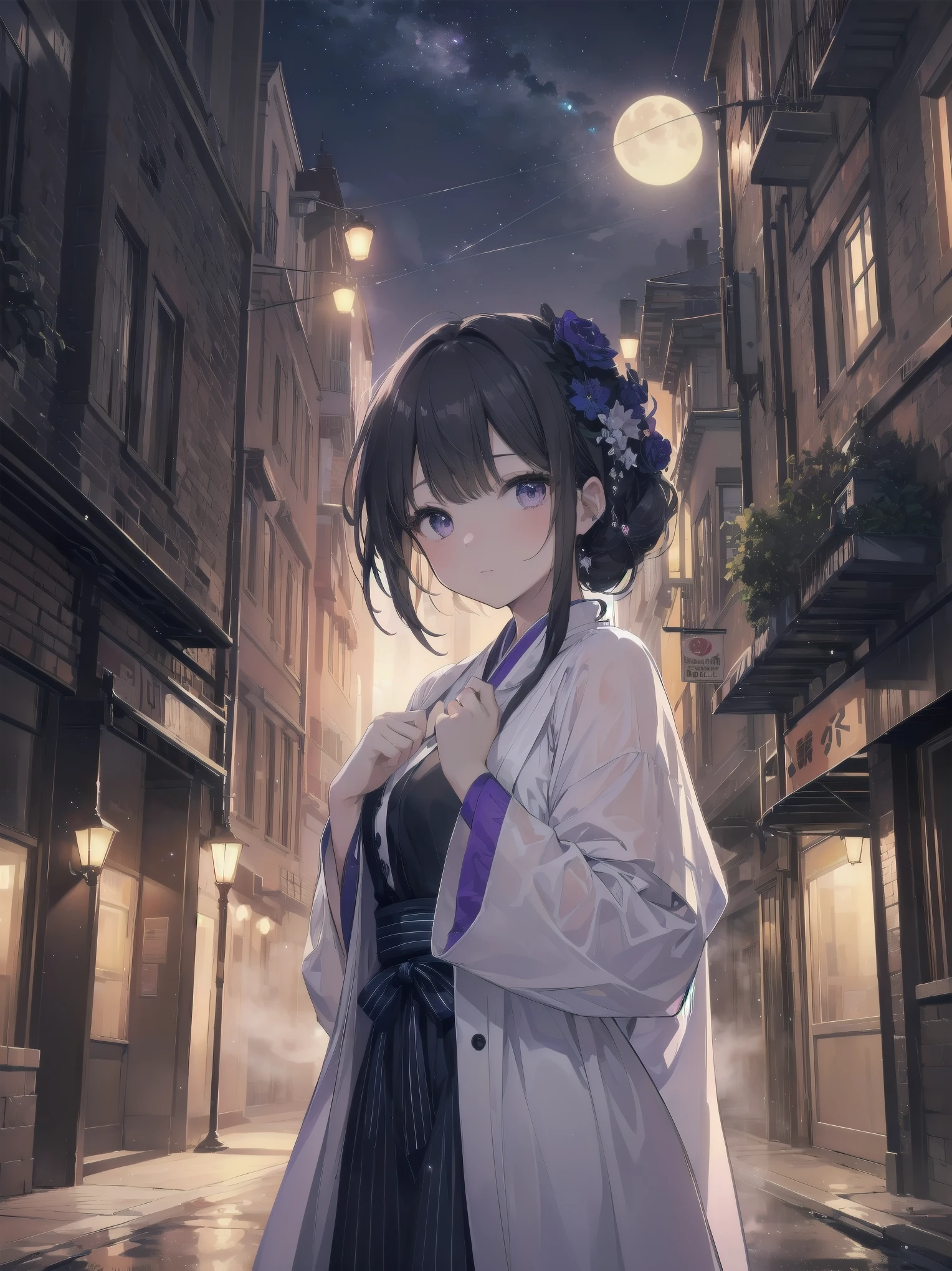 masterpiece, 8k, Highest quality, Very detailed, Purple & A beautiful girl in a blue magical robe with a moon motif、Close-up on the characters、(building, city、A dense fog of fluorescent particles、１８００Era、Western style、Fiction、grow、Overwhelming、Detailed street）、A pretty woman with a beautiful background and a lovely pose