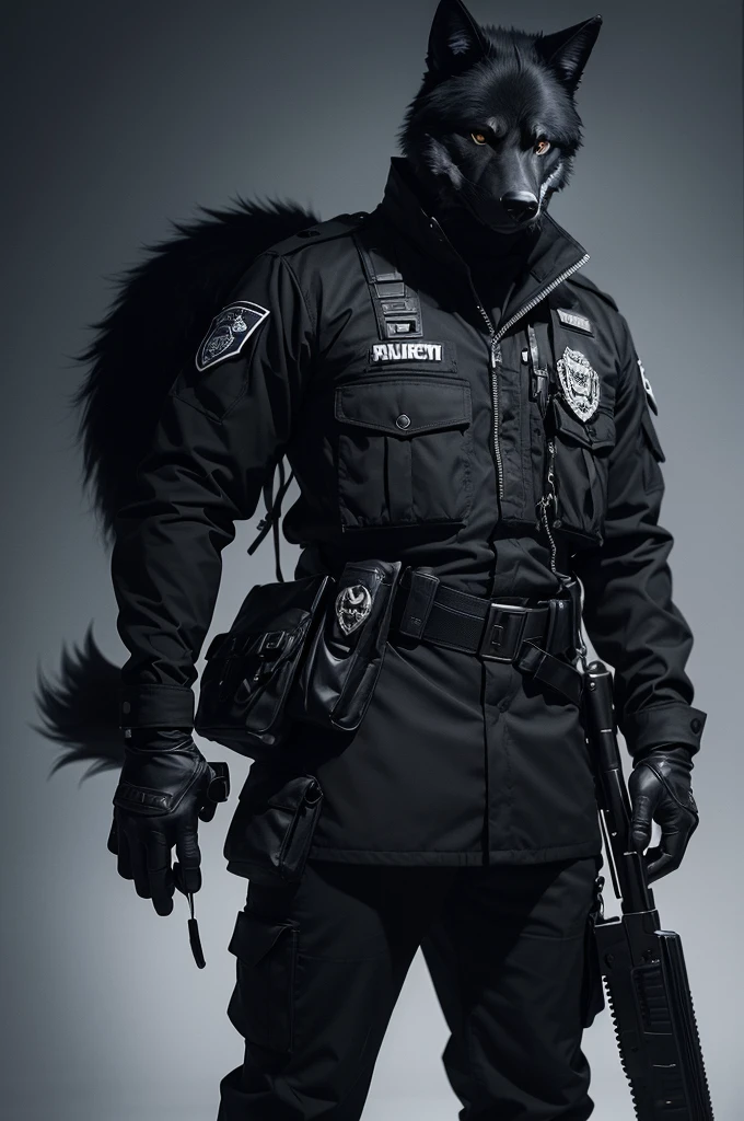 "a male black wolf,(Furry),police officer in a black uniform and clothes similar to those of SWAT and the army,with a wolf skull mask on his face,measuring 1 meter and 99 cm tall,clothes are black,without a cap,and he is athletic,and the eyes are white"