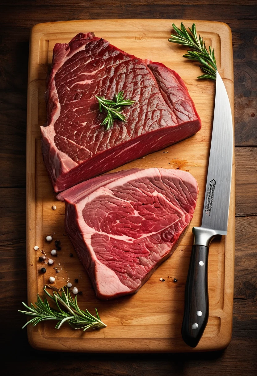 Create a realistic image of a piece of beef on a wooden cutting board. The meat must be a soft thigh steak, fresh and juicy, with a rich and visible texture. A large butcher knife should be stuck in the meat, with the handle facing upwards. The scene must be well lit, highlighting the details of the meat, of cutting board and knife. The cutting board should show signs of use, suggesting it was used to cut several pieces of meat previously.
Additional Detail:
Carne: A soft thigh steak, with a bright red color, marbled with small veins of fat, indicating freshness and quality.
Cutting board: de madeira, with a rustic appearance and marks from previous cuts, suggesting frequent use.
BUTCHER KNIFE: A large, robust knife, with sharp blade and dark wooden handle. The blade must be partially embedded in the meat.
Lighting: Luz clara e suave que destaca a textura da carne e os detalhes of cutting board and knife.
enviroment: A simple, blurred background, butcher counter, to keep the main focus on the meat and the knife.