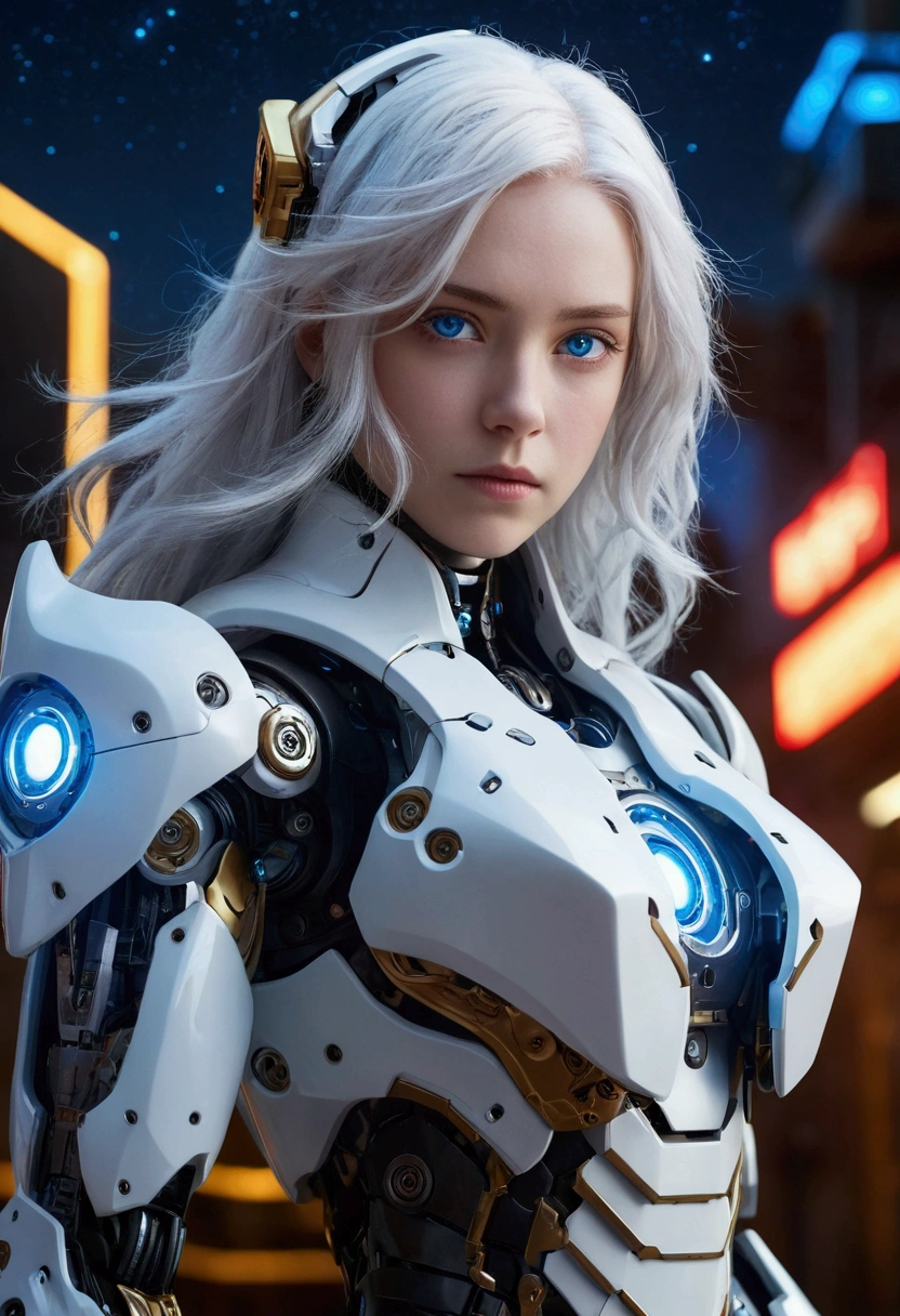 Masterpiece, best quality, ultra details, very detailed illustrations, extremely detailed, Intricate details, high resolution, super complex details, extremely detailed 8k cg wallpaper, cowboy shot, caustic, reflection, ray tracing, demonic theme , nebula, dark aura, cybernetic effect, (1girl (she is Ironman's daughter), alone, mecha musume, mechanical parts, robot joints, single mechanical arm, head accessories, mechanical halo, star halo, complex mechanical suit , mecha corset, full armor, very long hair, white hair, hair between the eyes, multicolored hair, colored inner hair, blue eyes, glowing eyes, eye track, random expressions, random action, architecture New York, Lagoon, starry sky, horizon,
