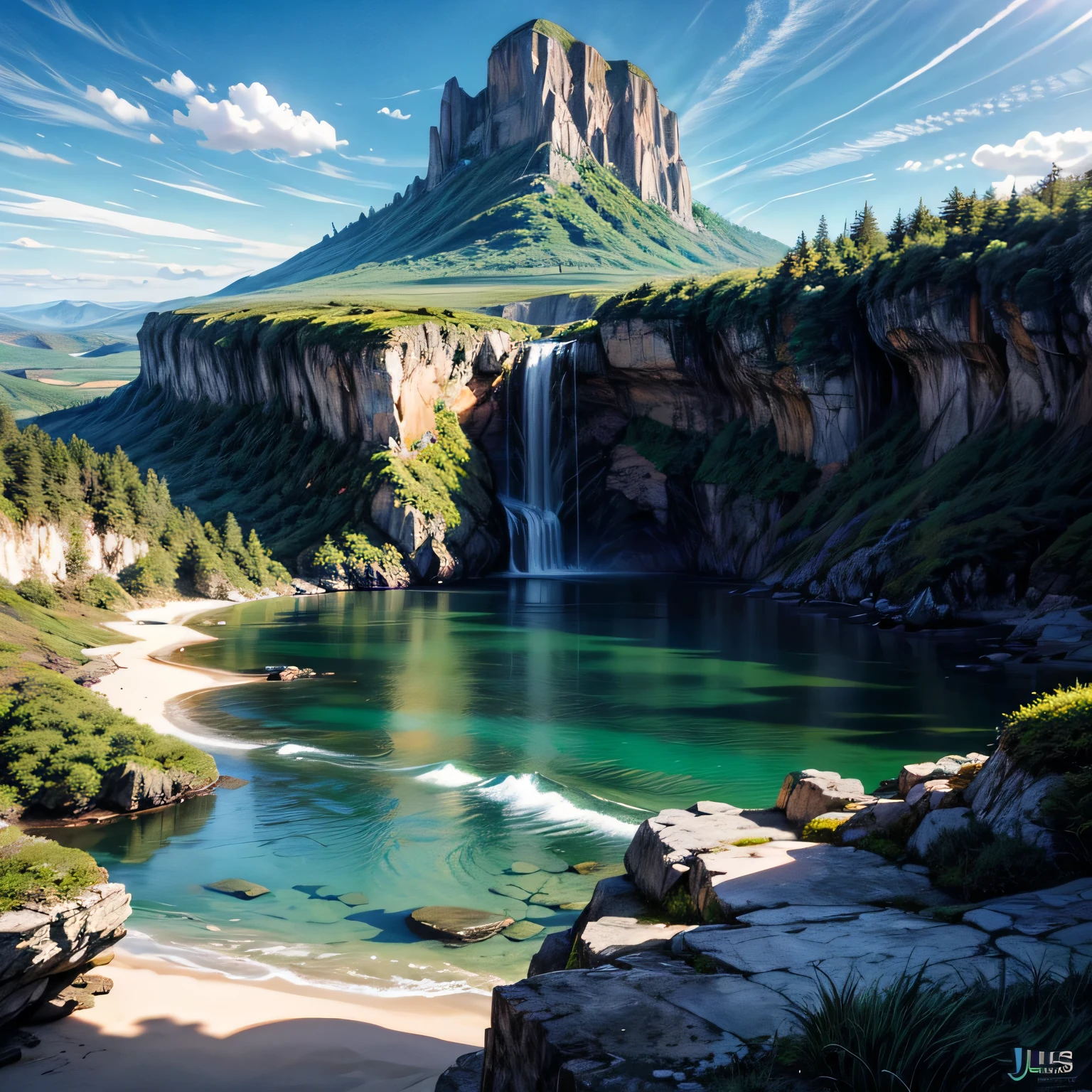 A highly detailed and realistic illustration of a surreal, fantastical deserted island landscape inspired by the adventure science fiction novel "The Mysterious Island" by Jules Verne, cinematic lighting, dramatic composition, lush tropical foliage, rugged cliffs, mysterious caves, pristine beaches, lagoons and waterfalls, vibrant colors, photorealistic rendering, 8k, best quality