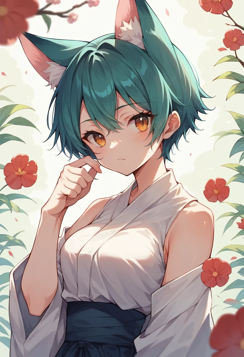 a closeup of a cartoon character with fox ears, fox girl, mikudayo, anime moe art style, Cat Mimi, short hair, anime girl with teal hair, pose cool