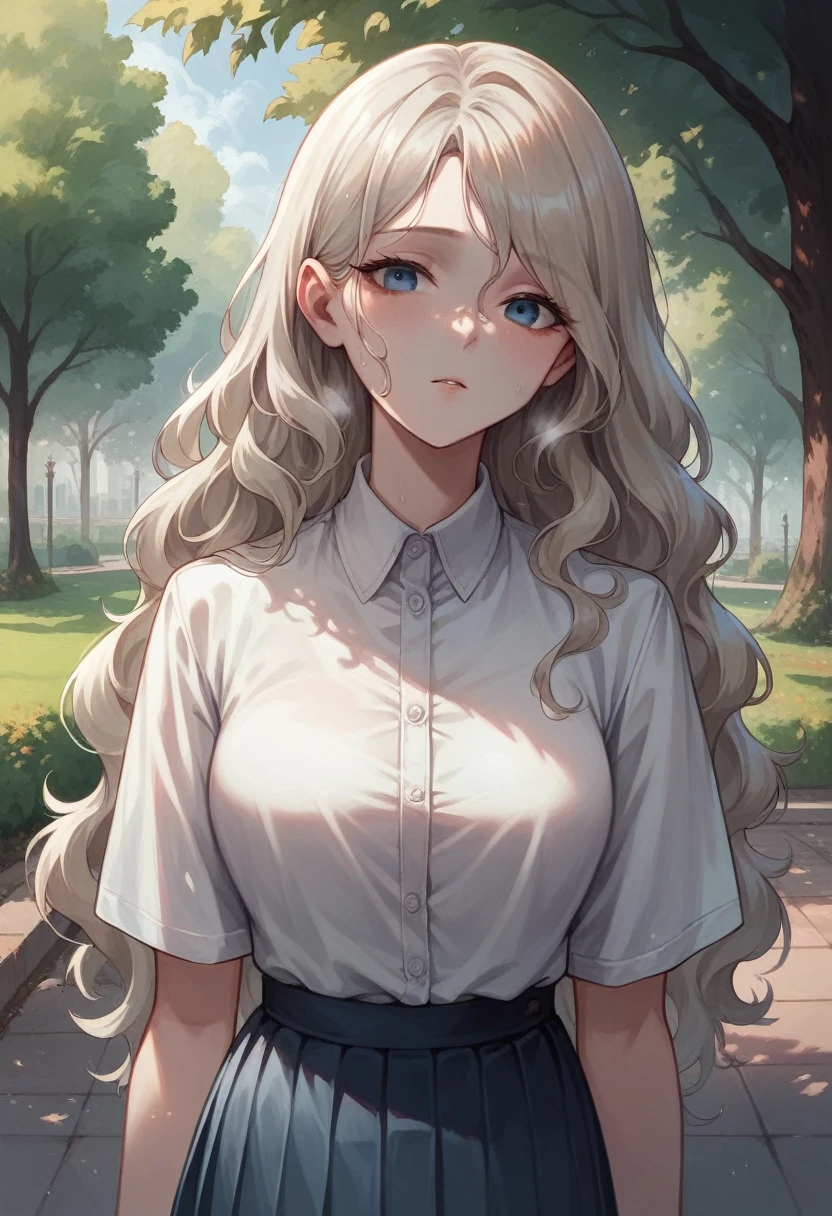 Illustration, detailed illustration, ultra detailed, dynamic angle, 19 year old girl, beautiful, platinum blonde, long hair, wavy hair, cold blue eyes, pale skin, emotionless, disdainful, park, white shirt, blue pleated skirt,