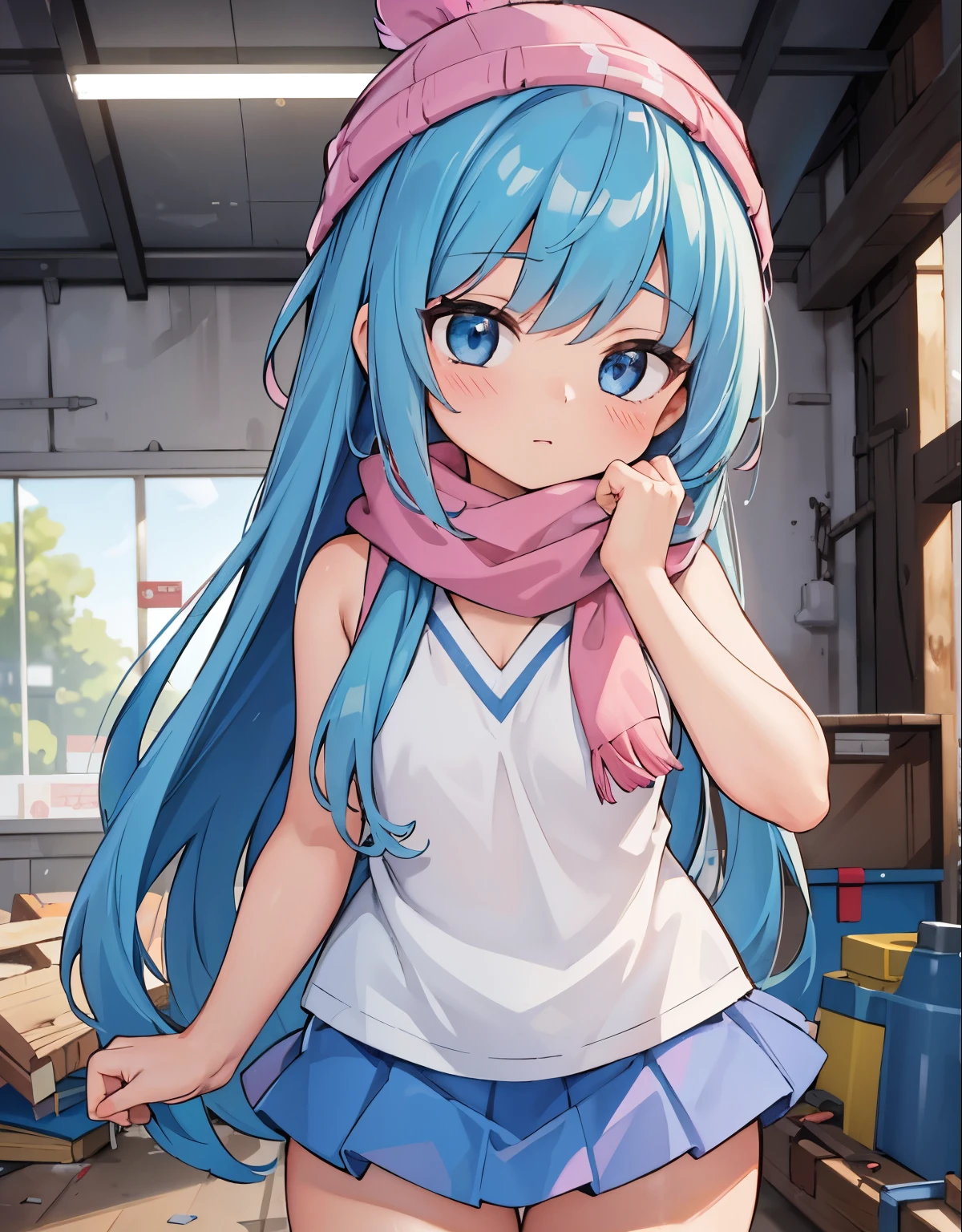 (best quality,4k,8k,highres,masterpiece:1.2), ultra-detailed, realistic:1.37, HDR, studio lighting, vivid colors, bokeh, an unconscious girl face down inside an abandoned warehouse, \(pokemon\), beanie, long hair, blue hair, blue eyes, detailed eyes, beautiful eyes, black sleeveless shirt, pink scarf, pink skirt, body shape, chubby thighs,women's bag and women's accessories on the floor, View from above