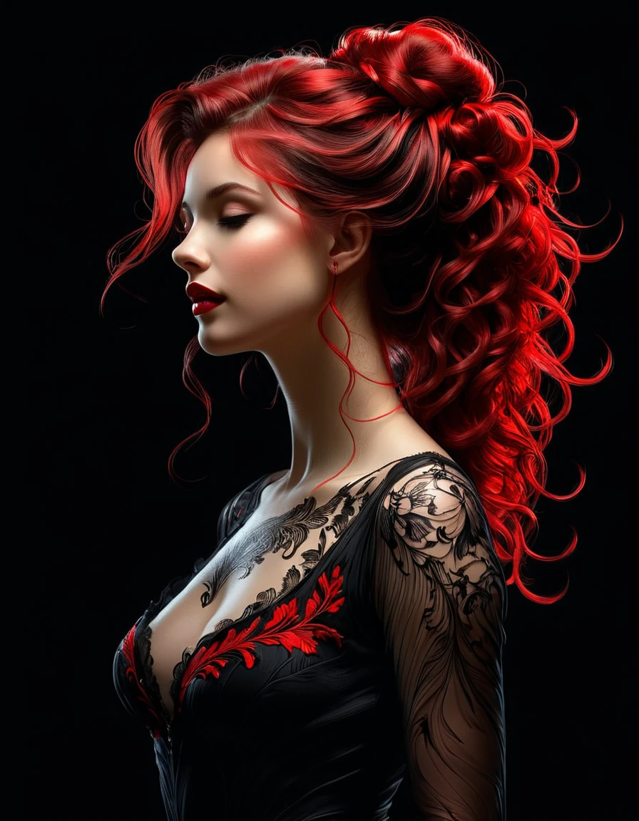 Poster, close-up, Full body, Shadow art, red outline drawing on a dark black background, Red outline silhouette, flowing hair, silhouette of a beautiful young woman, perfect physique, slender graceful forms, charming modesty, perfection in a tight black silk dress, resolution 8k, Side view, Shadows, Mysterious, style of Jean Baptiste Monge, Thomas Kinkade, David Palumbo, Carne Griffiths.