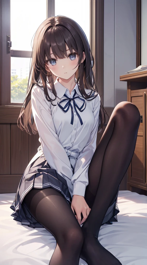 (The whole body from head to toe)、(Full Body)、(No shoes)、(blackpantyhoseの内側に白いパンティ)、(blackストッキングの内側に白いパンティ)、(Panty shot)、(Sitting with legs together)、(Sit with your knees bent and your legs apart)、(M-shaped legs)、Brown Hair、Long Hair、bangs、Highest quality、High resolution、8k wallpaper、(figure:0.8)、(Beautiful attention to detail:1.6)、(Highly detailed face)、Perfect lighting、Highly detailed CG、Perfect hands、Perfect Anatomy、Thin legs、(Small Tits)、Sitting on the floor、Sleep on your back、Spread your legs、Look forward、Configuration from below、Positive、Turn your lower body forward、In 8K、Highest quality、The real picture、Intricate details、Ultra-detailed、超High resolution、Depth Field、(Photorealistic、Realistic:1.2),masterpiece, 0.25 :: Front shot、From the center、One Girl、Very beautiful girl、See the face and feel、Big eyes、Sexy pose、Fascinating、Perfect Skin、(Small breasts)、Narrow waist、Light blush、solo、Looking at the audience、Five perfect fingers、Small toes、sweating、 wear((School_uniform)、White shirt、Collared shirt、Pleated dress、Grey Dress、(black_pantyhose:1.2)、 blackストッキング、blackpantyhose、(Sculpture Pose:1.1)、 Showing her white panties、Panty shot、Spread your legs、Open legs、Wide-open legs、bedroom 、On the bed