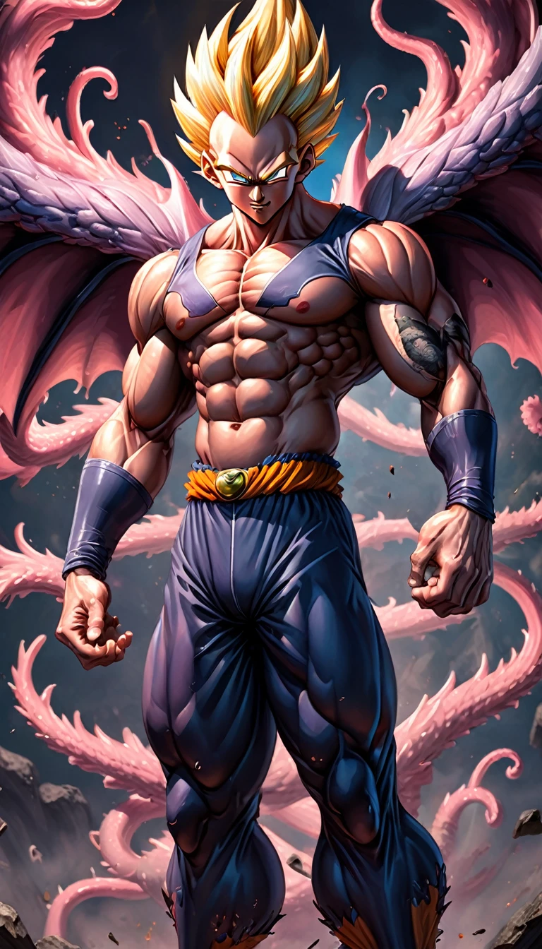 Full body image "(Highest quality, 8k, ultra-detailed, Realistic:1.2), Portraiture, Dragon Ball,majin vegeta, Muscular, Calm, Fearless smile, detailed, Blonde, strict, Intimidating, Powerful, Show off his strength", Brainwashed and possessed by Majin Buu,Controlled by an evil heart,Demon body and wing tattoo on forehead,Black slimy tentacles,(((Huge penis))),Very large muscles,Full body images,The lower half of the body is hairy like an animal.,nsfw,
