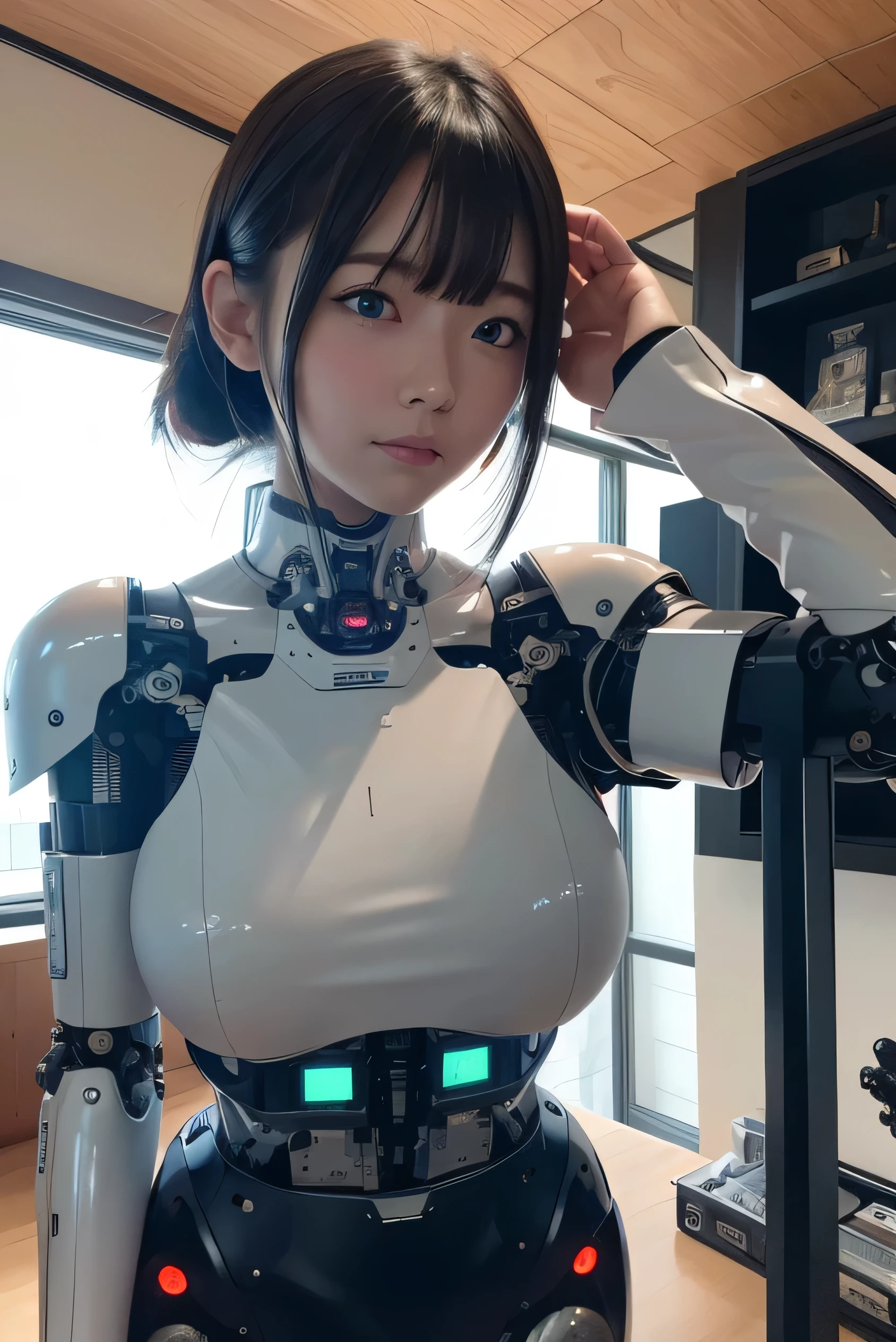 masterpiece, best quality, extremely detailed, Japaese android girl,Plump ,control panels,android,Droid,Mechanical Hand, Robot arms and legs,Blunt bangs,perfect robot girl,long tube,thick cable connected her neck,android,robot,humanoid,cyborg,japanese cyborg girl ,robot-assembly plant,She has assembled now,assembly scene,chest monitor,blue eyes