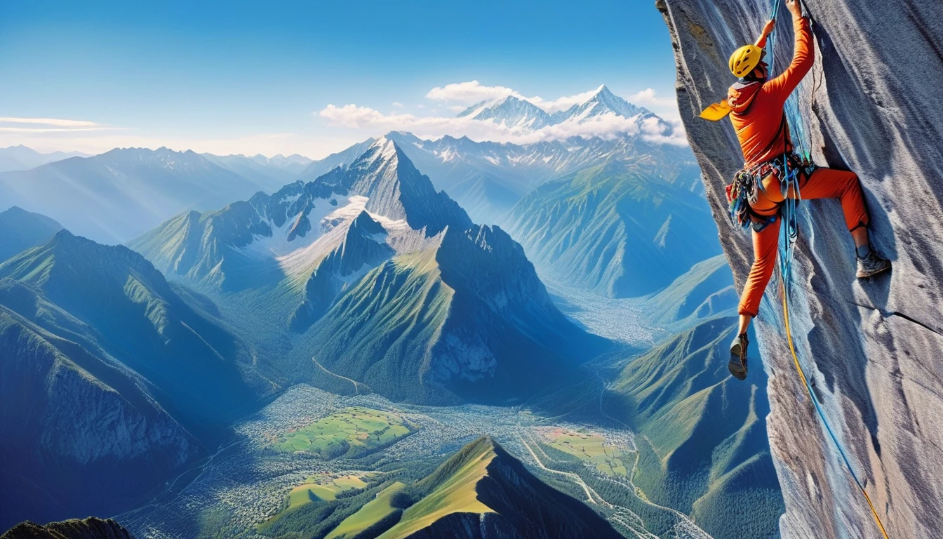 A colorful and eclectic photograph in a photorealistic and Movie style. A climber hangs halfway up a very high mountain,,full-body shot, Far away from the screen, From head to toe. Mountains in the background,The sky is blue, The work presents a sense of layering, Three-dimensional quality, It's as if the different elements are glued to the canvas in a natural and real way. The work evokes a feeling of introspection and complex thoughts. The mixed media feel of the piece contributes to a tactile and immersive experience, Leading the audience to explore the depth of climbers' thoughts and emotions. Add more, photo, Fashion, Energetic, 3D Rendering, Movie, landscape.