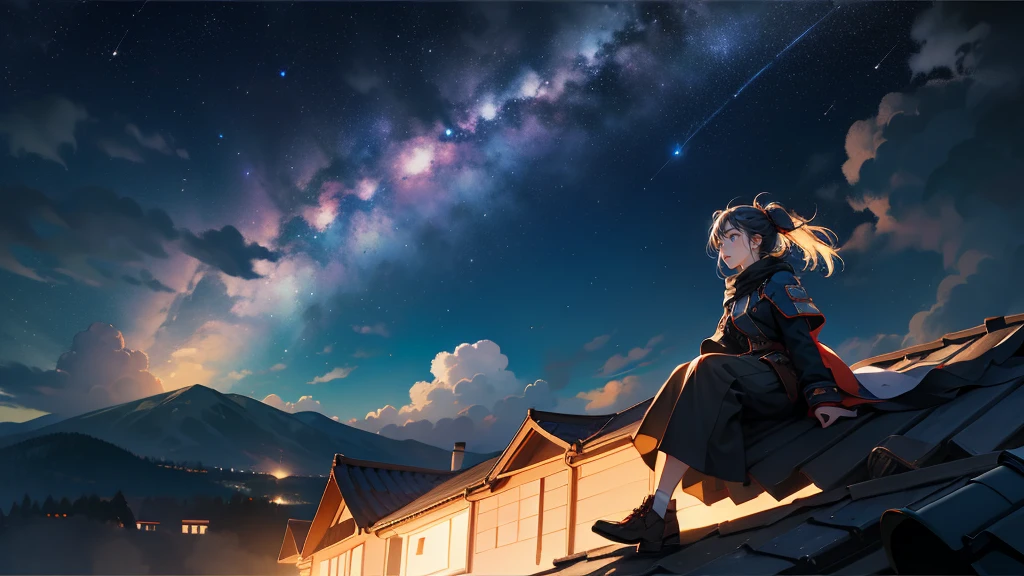 Girl sitting on roof,night,Shining Milky Way(A meteor crosses),Panoramic View,Scenic horizon,Look up at the viewpoint,roof,A breeze in the wind,8K high definition art,Best image quality。