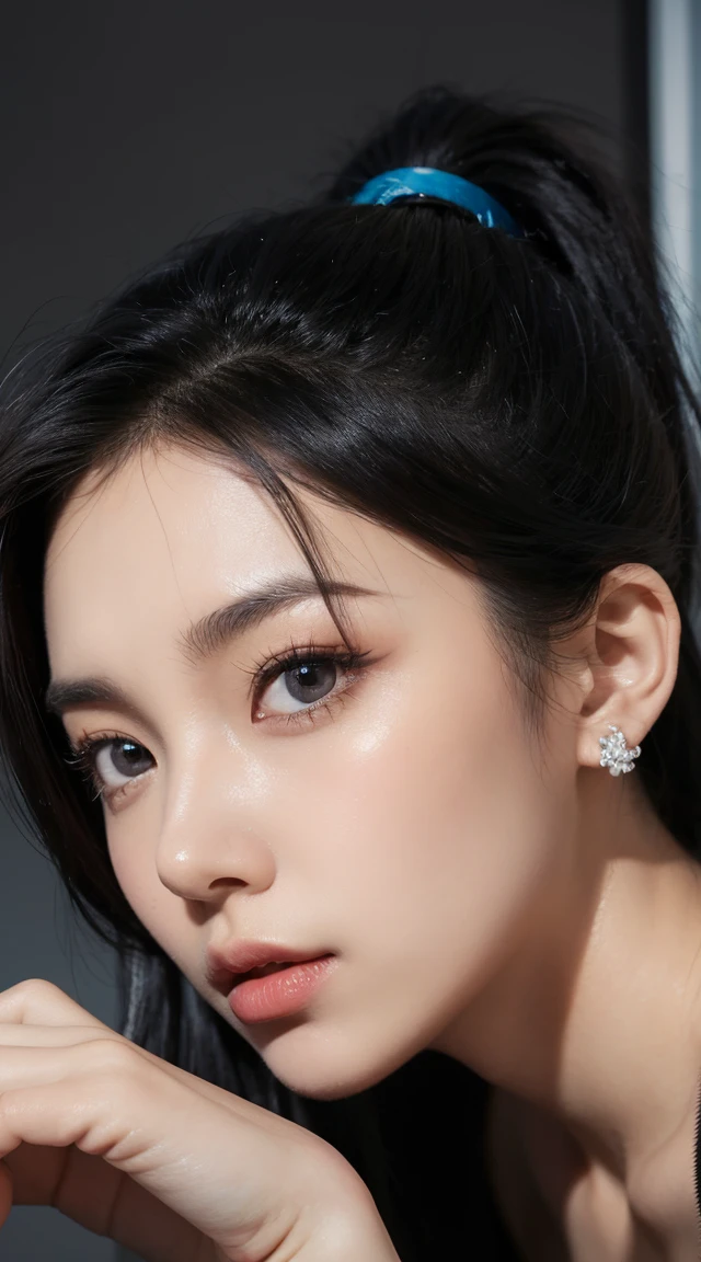1Girl, wide big eyes, eye color, black, black hair inside a ponytail, angle peircings on the sides of her mouth, taking a picture with her phone, dark realistic lighting cute core
