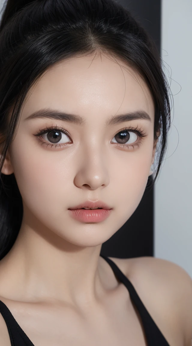 1Girl, wide big eyes, eye color, black, black hair inside a ponytail, angle peircings on the sides of her mouth, taking a picture with her phone, dark realistic lighting cute core