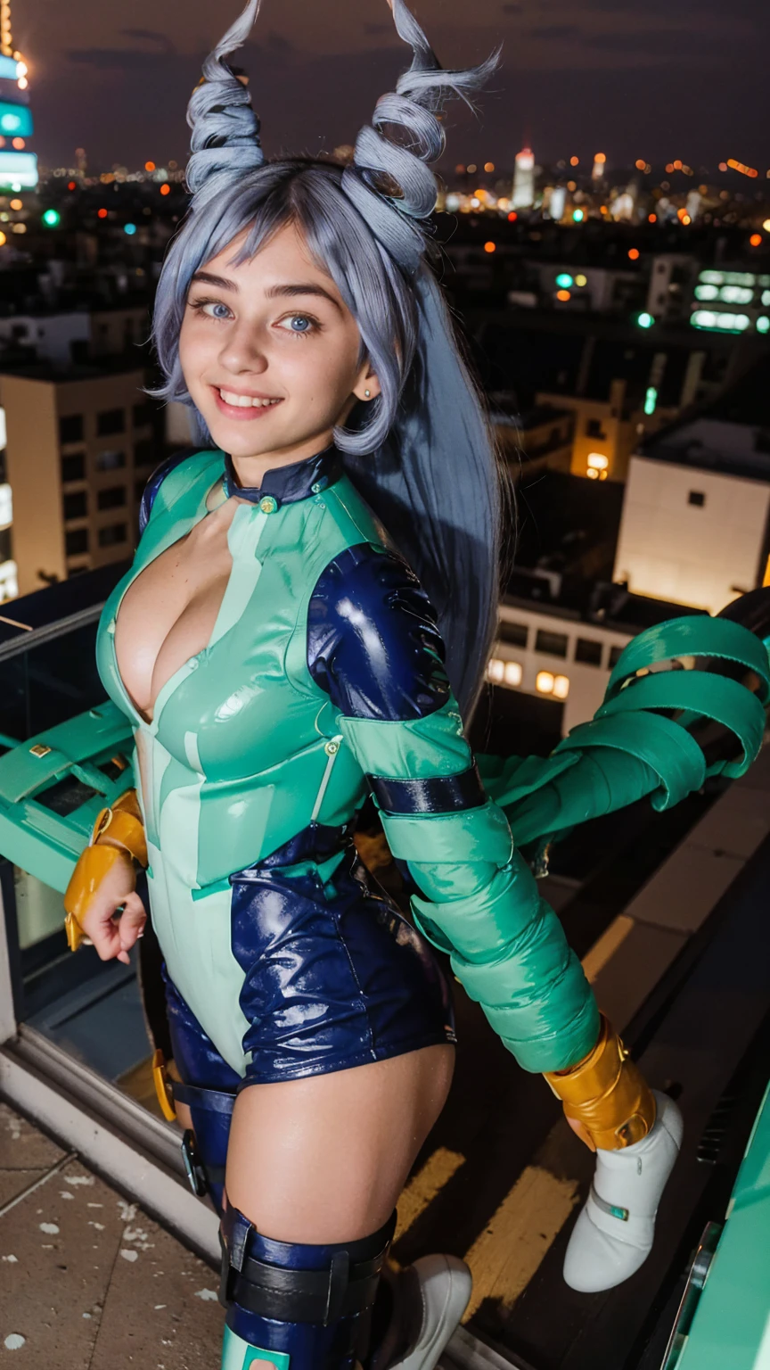 Masterpiece, Best quality, (photorealistic1.4), (UHD), (big breast), (flashphoto), (flash photography), (cleavage), (European model), (young woman), (JenniferConnelly90), (epiCRealLife:1.0), (night time), (Nejire latex bodysuit), 1girl, solo, long hair, blue eyes, (blue hair), (hair bangs), (drill hair, twin drills), (Nejire Hairstyle), hair horns, very long hair , light blue hair, (Nejire Yellow gloves), (look at viewers), (Nejire light smile), (cowboy shots) , (from above) (Tokyo rooftop),