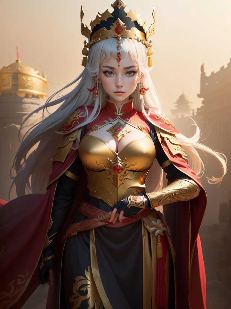 a painting of a woman in a red cape and a gold crown, inspired by Huang Shen, zhao yun, inspired by Li Kan, inspired by Huang Ding, inspired by Wu Bin, inspired by Fan Kuan, inspired by Cao Zhibai, inspired by Li Gonglin, bian lian, inspired by Zhao Yuan, xianxia hero, guan yu, Highly detailed CG unit 8k wallpaper, masterpiece, High resolution, highest quality, highest quality real texture skin, Super Real, Digital Painting, Best image quality, 最High resolution, 8k, (((Highly detailed eyes and face, Beautiful eyes every detail))), disproportionate breasts, huge breasts, sagging breasts, gigantic breasts,