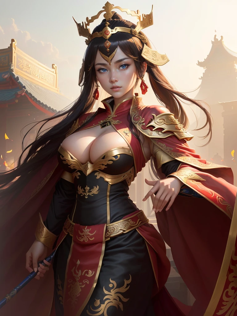 a painting of a woman in a red cape and a gold crown, inspired by Huang Shen, zhao yun, inspired by Li Kan, inspired by Huang Ding, inspired by Wu Bin, inspired by Fan Kuan, inspired by Cao Zhibai, inspired by Li Gonglin, bian lian, inspired by Zhao Yuan, xianxia hero, guan yu, Highly detailed CG unit 8k wallpaper, masterpiece, High resolution, highest quality, highest quality real texture skin, Super Real, Digital Painting, Best image quality, 最High resolution, 8k, (((Highly detailed eyes and face, Beautiful eyes every detail))), disproportionate breasts, huge breasts, sagging breasts, gigantic breasts,