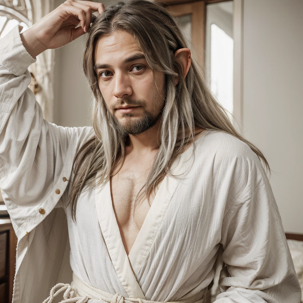 Half elf, sleepy eyes, Wise man, neck-length hair, messy hair, thin beard, drunkard, mediaval, Dress neatly, Wearing a shirt and robe, white hair, lazy face,white eyes, two-blade user