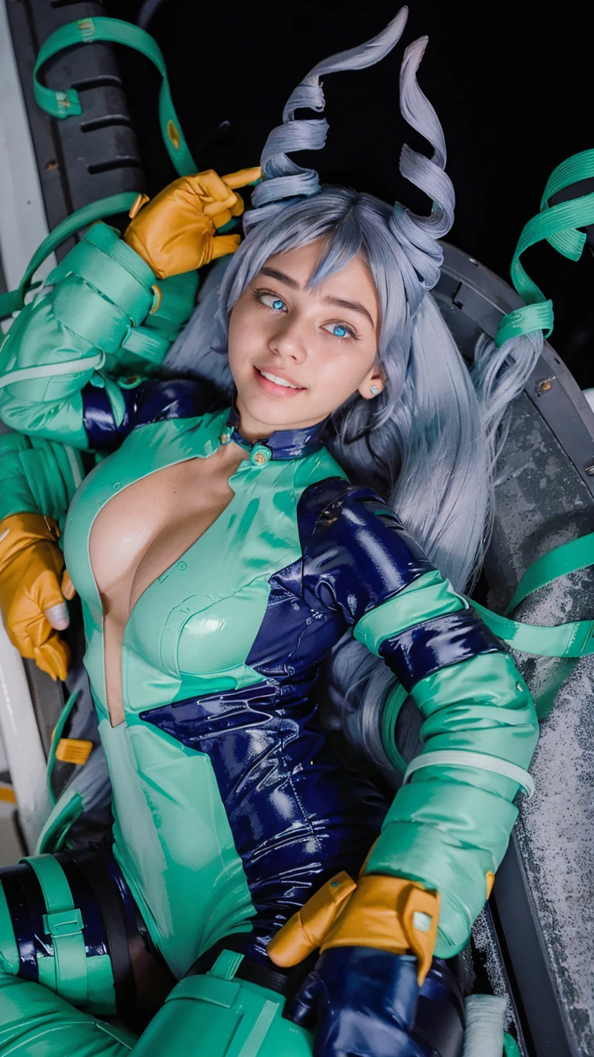 Masterpiece, Best quality, (photorealistic1.4), (UHD), (big ), (flashphoto), (flash photography), (cleavaropean model), (young woman), (JenniferConnelly90), (epiCRealLife:1.0), (night time), (Nejire latex bodysuit), 1girl, solo, long hair, blue eyes, (blue hair), (hair bangs), (drill hair, twin drills), (Nejire Hairstyle), hair horns, very long hair , light blue hair, (Nejire Yellow gloves), (look at viewers), (Nejire light smile), (lying on roof) , (lying on back), (from above) (Tokyo rooftop),