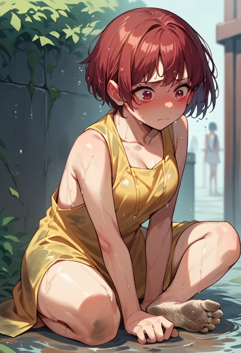 1 girl, adult girl, beautiful eyes, red eyes, Short bob haircut, (red_red hair) , medium breast, wet, dirty feet, ((blush)), (embarrassed),(Looks),check_9, check_8_up, check_7_up, check_6_up, anime,((( naked))),destroyed street in the background, Wasteland ,((runs:1.1)),(((chest bouncing in different directions:1.3))), (scream) ,pop, ((dynamic frame at speed)) , ((whole body)), (o pose) ,((brown breasts)), (all skin is dirty color) ,full length)), (((wearing a yellow raincoat:1.3))) , (crying) 