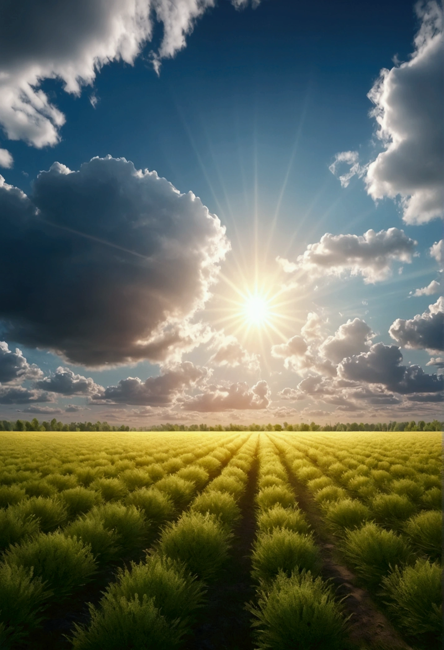 landscape of a field, clouds in a heavenly sky, and a bright sun, cinematic. 8k, realistic