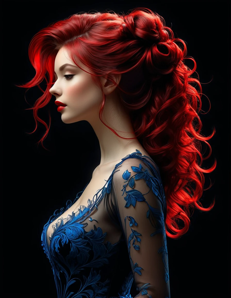 Poster, close-up, Full body, Shadow art, blue outline drawing on a dark black background, Red outline silhouette, flowing hair, silhouette of a beautiful young woman, perfect physique, slender graceful forms, charming modesty, perfection in a tight black silk dress, resolution 8k, Side view, Shadows, Mysterious, style of Jean Baptiste Monge, Thomas Kinkade, David Palumbo, Carne Griffiths.