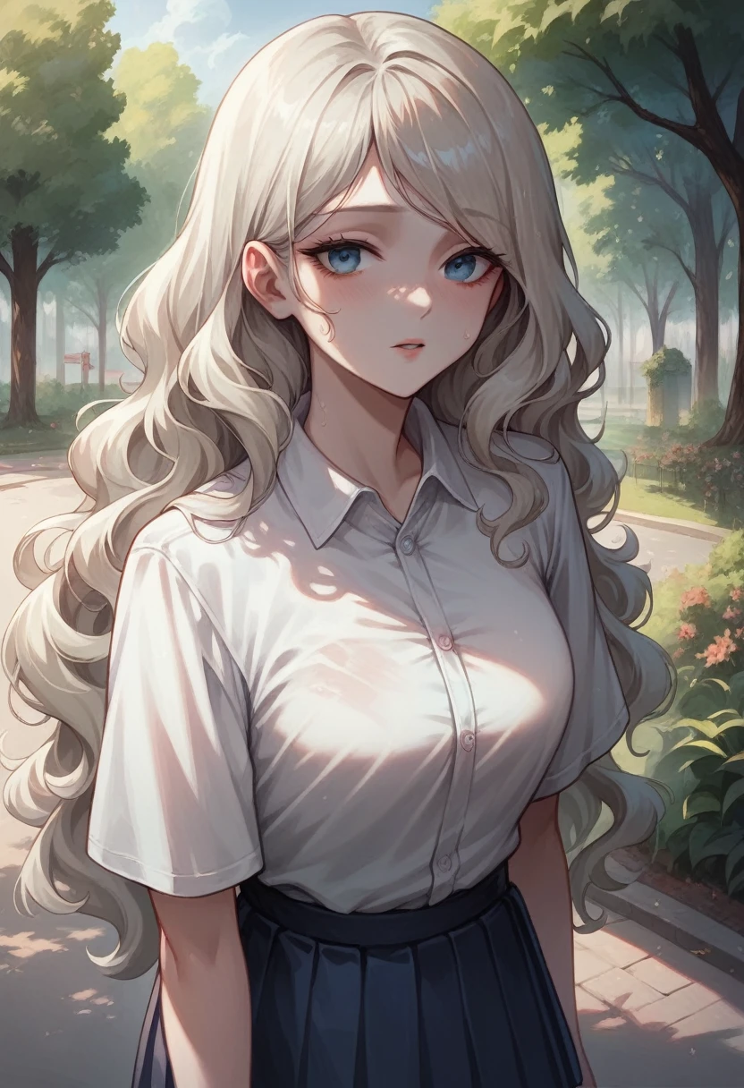Illustration, detailed illustration, ultra detailed, dynamic angle, 19 year old girl, beautiful, platinum blonde, long hair, wavy hair, cold blue eyes, pale skin, emotionless, disdainful, park, white shirt, blue pleated skirt, 