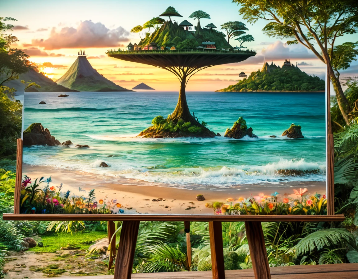 (Mysterious Island:2.0)、Tropical sandy beaches、Lush mangrove forest、A lot of beautiful women、smile、laughter、, Detailed marker outline, cute, Art Brut Style, Dynamic pose, whimsical expression, Bright and vibrant colors, Dynamic Lighting, Digital Painting, masterpiece, (Highest quality,4K,8k,High resolution,masterpiece:1.2),Very detailed,(Realistic,photoRealistic,photo-Realistic:1.37)