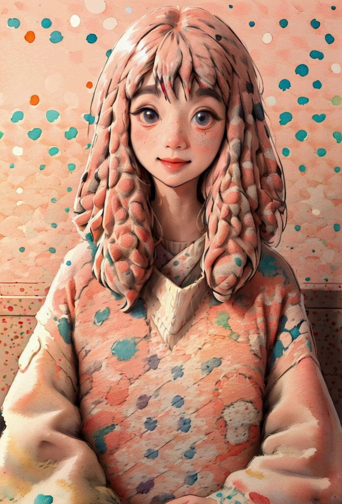 (masterpiece, best quality:1.2),illustration art，watercolor，Kusama Yayoi's style，a beautiful girl，Skin detail processing，The eyes are very detailed，sweater，(((Speckled pattern))) , smile 