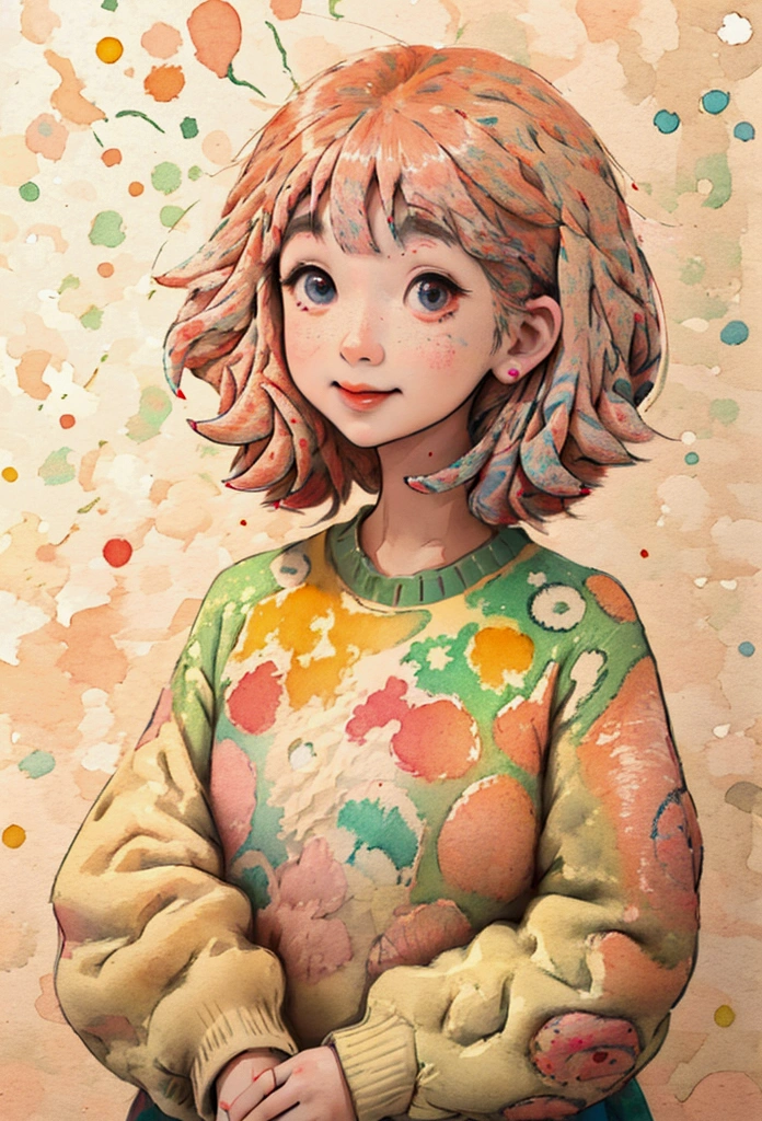 (masterpiece, best quality:1.2),illustration art，watercolor，Kusama Yayoi's style，a beautiful girl，Skin detail processing，The eyes are very detailed，sweater，(((Speckled pattern))) , smile 