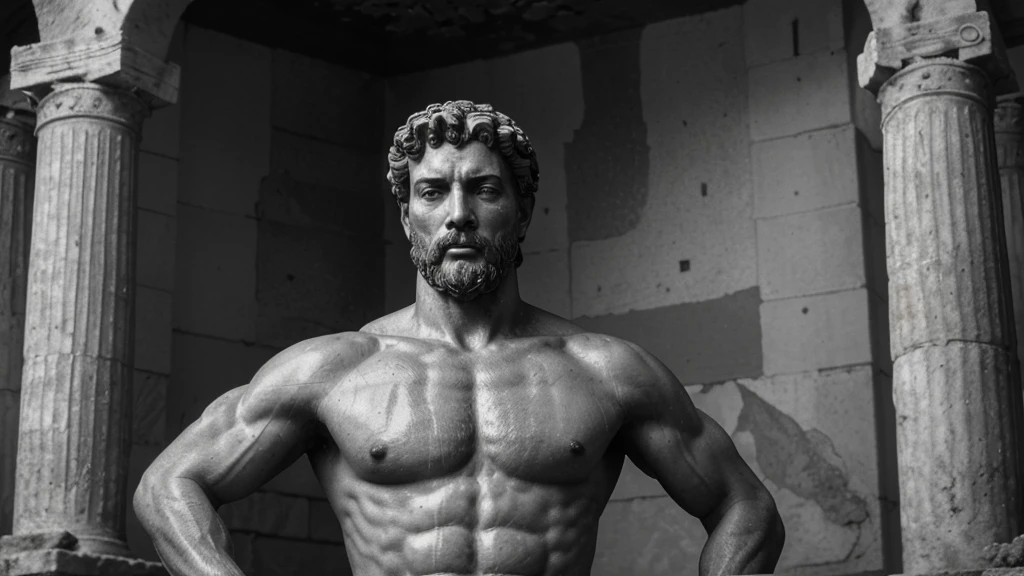 a portrait statue of the stoic Marcus Aurelius in black and white 4K, Super realistic ANCIENT GREEK RUINS, fully body, corpo stark, brawny, stark, wearing no shirt, tronco stark, stark, wearing no shirt, strong arms, 8k, ultra realisitic, cinematographic
