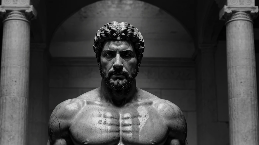 a portrait statue of the stoic Marcus Aurelius in black and white 4K, Super realistic ANCIENT GREEK RUINS, fully body, corpo stark, brawny, stark, wearing no shirt, tronco stark, stark, wearing no shirt, strong arms, 8k, ultra realisitic, cinematographic