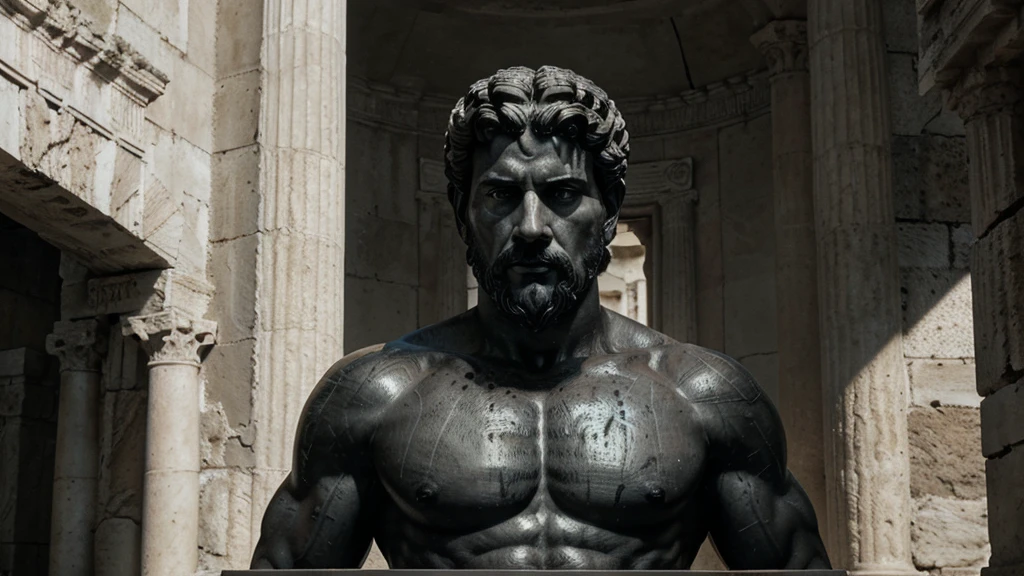 a portrait statue of the stoic Marcus Aurelius in black and white 4K, Super realistic ANCIENT GREEK RUINS, fully body, corpo stark, brawny, stark, wearing no shirt, tronco stark, stark, wearing no shirt, strong arms, 8k, ultra realisitic, cinematographic