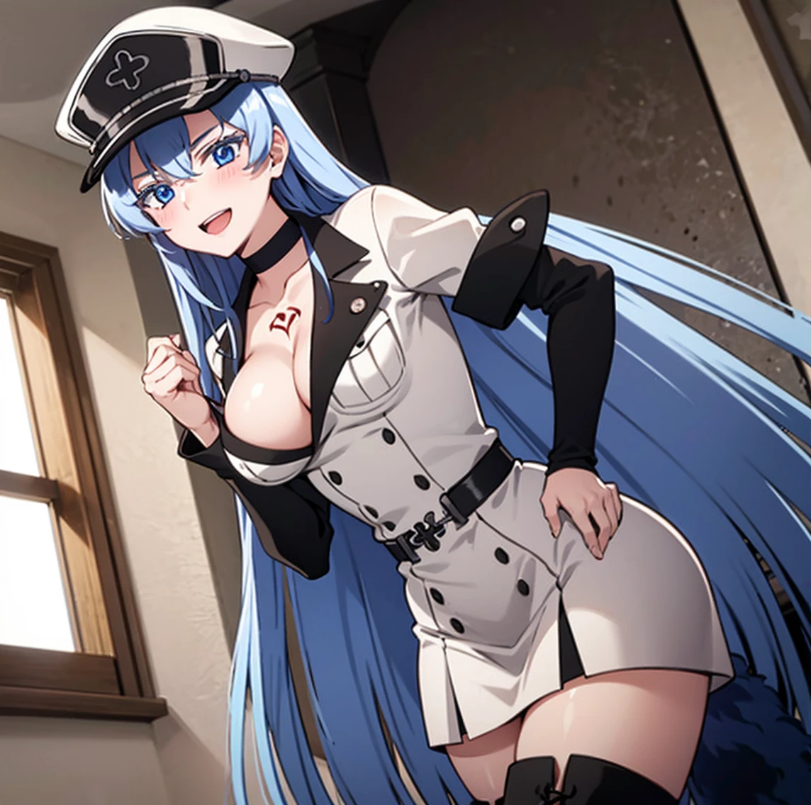 ((1girl)),((alone)), esdeath,(masterpiece), (best quality), (ultra detailed), (best illustration), (best shadow), (absurdities), sharp focus, cowboy photo, looking at viewer, big breasts, narrow waist, wide hips, medium thighs, round butt, dynamic posture, thigh high boots, white boots, long hair, blue hair, blue eyes, thighs, solo, very long hair, cleavage, tattoo on the chest, white shoes, big breasts, military uniform, white uniform, white visor cap, military cap, uniform, choker, zettai ryouiki, cloud, white thighs, white skin, smile , seductive smile, closed mouth, (sexy pose: 1.2), ((solo)), standing: 1.3, interior, castle, window, night, medieval landscape, looking forward ((focus on breasts)), point of view (from middle), red blush, perfect anatomy, perfect hands