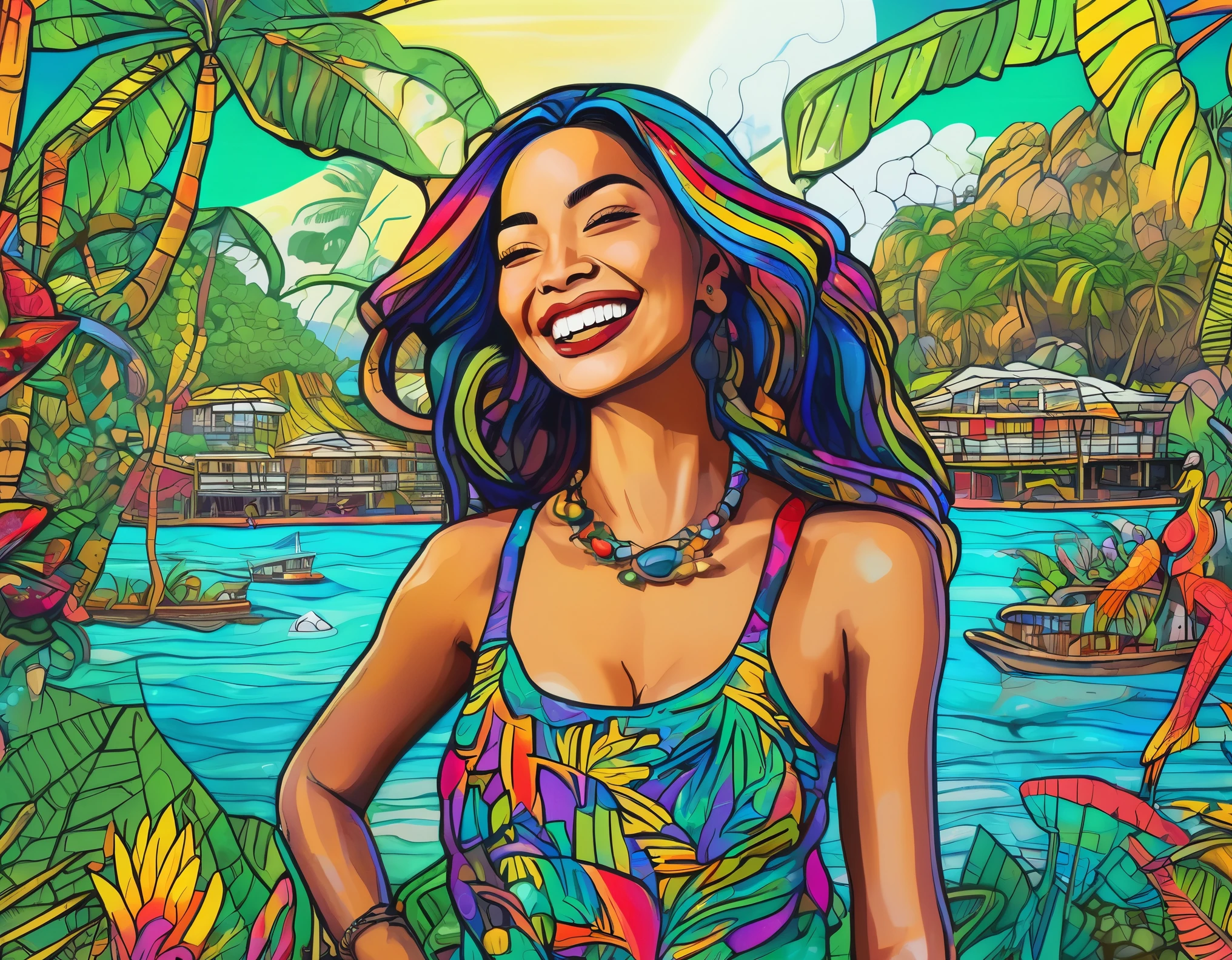 (Mysterious Island:2.0)、Tropical sandy beaches、Lush mangrove forest、A lot of beautiful women、smile、laughter、, Detailed marker outline, cute, Art Brut Style, Dynamic pose, whimsical expression, Bright and vibrant colors, Dynamic Lighting, Digital Painting, masterpiece, (Highest quality,4K,8k,High resolution,masterpiece:1.2),Very detailed,(Realistic,photoRealistic,photo-Realistic:1.37)