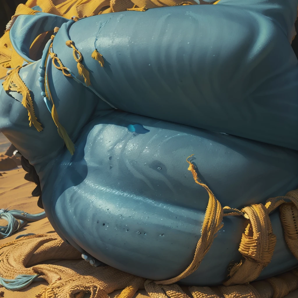 ((ultra detailed, masterpiece, absurdres, 8K, best quality, high quality))avkiri, (blue skin), (colored skin), (yellow eyes), 1girl, solo, long hair, black hair, green eyes, braid, monster girl, realistic, nipples, topless, dark blue areola, lean body, flat chested, small breasts, big perky areola, shy, thick detailed nipples, portrait, full giant moon, moonlit, starry sky, nighttime, moon lit ocean, sitting on sand, spread legs, alien moon, hands on legs