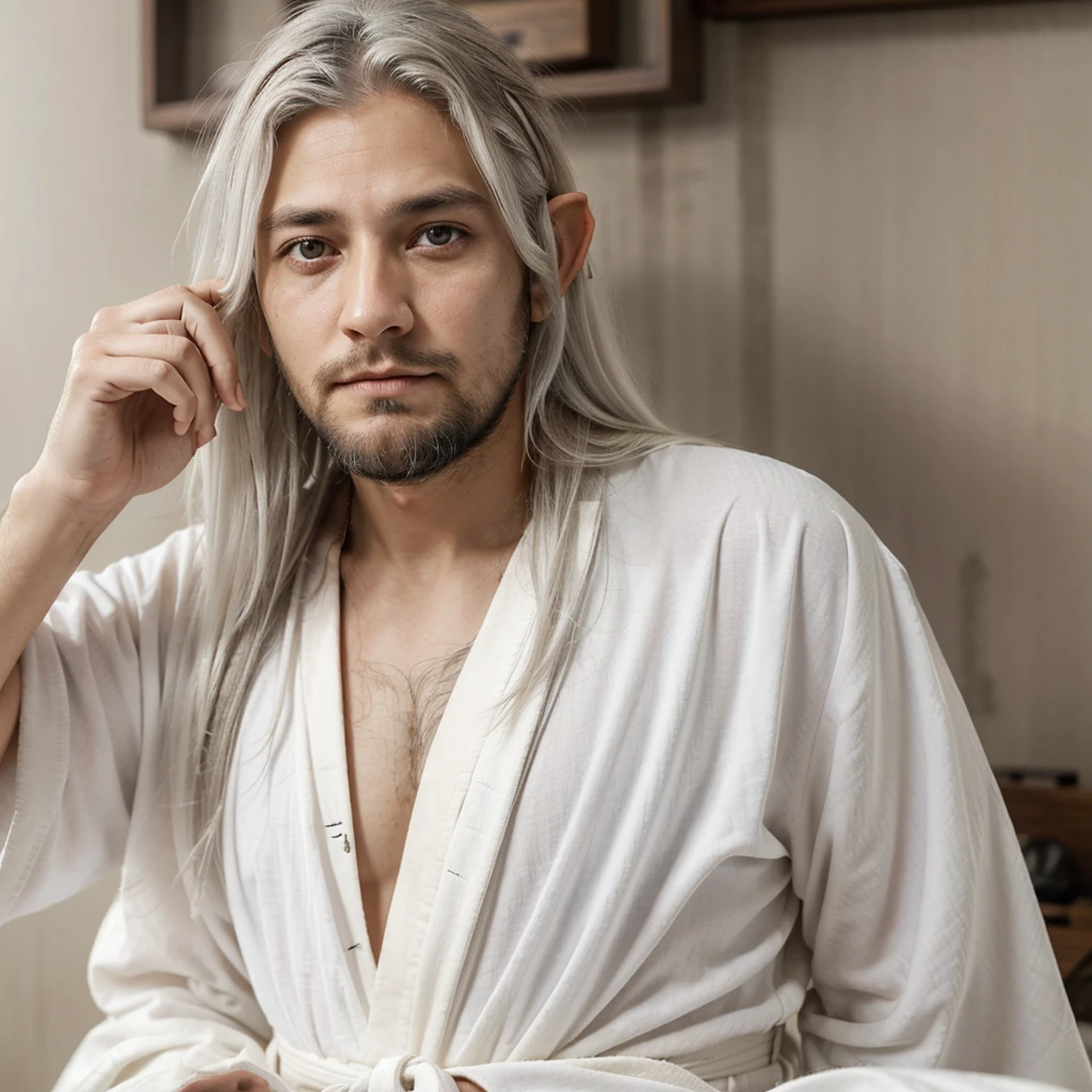 Half elf, sleepy eyes, Wise man, neck-length hair, messy hair, thin beard, drunkard, mediaval, Dress neatly, Wearing a shirt and robe, white hair, lazy face,white eyes, black shirt and robe