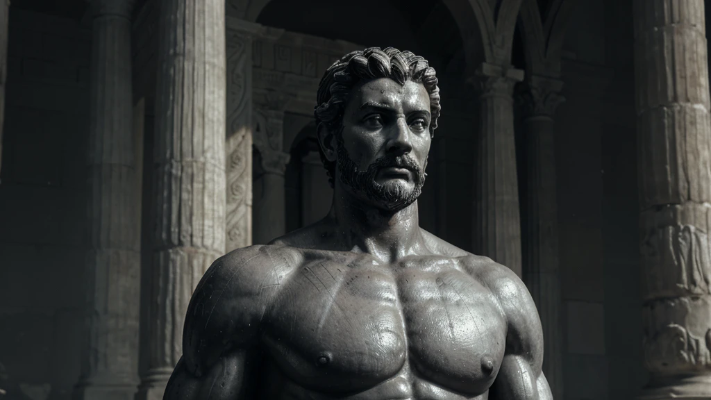 a portrait statue of the stoic Marcus Aurelius in black and white 4K, Super realistic ANCIENT GREEK RUINS, fully body, corpo stark, brawny, stark, wearing no shirt, tronco stark, stark, wearing no shirt, strong arms, 8k, ultra realisitic, cinematographic