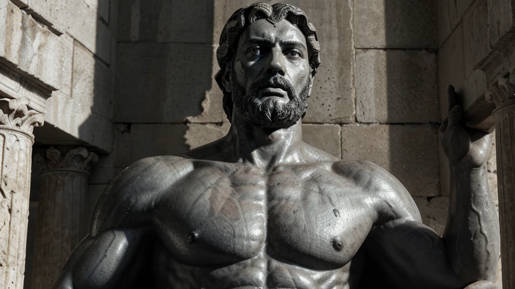 a portrait statue of the stoic Marcus Aurelius in black and white 4K, Super realistic ANCIENT GREEK RUINS, fully body, corpo stark, brawny, stark, wearing no shirt, tronco stark, stark, wearing no shirt, strong arms, 8k, ultra realisitic, cinematographic