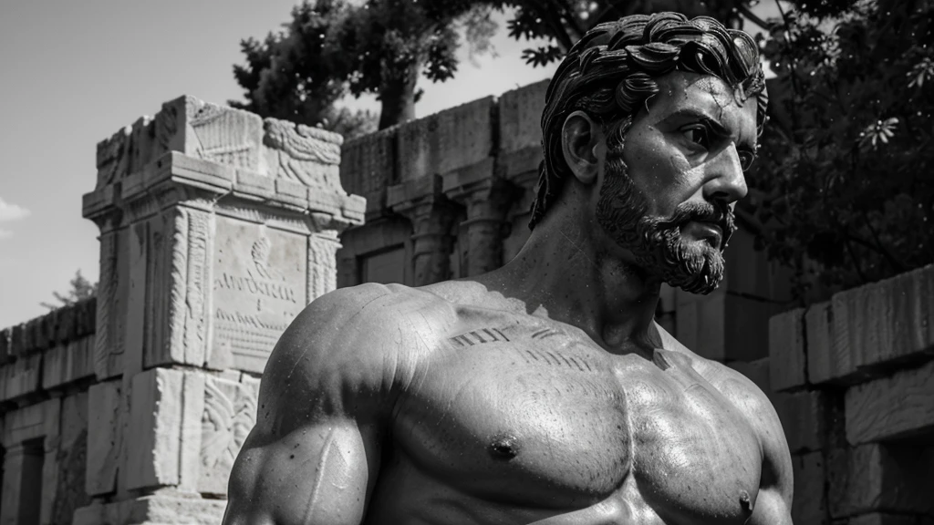 a portrait statue of the stoic Marcus Aurelius in black and white 4K, Super realistic ANCIENT GREEK RUINS, fully body, corpo stark, brawny, stark, wearing no shirt, tronco stark, stark, wearing no shirt, strong arms, 8k, ultra realisitic, cinematographic