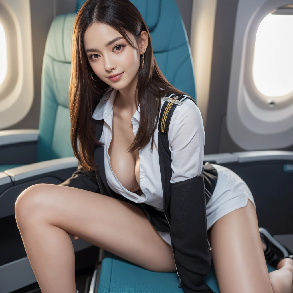 Sexy woman in stewardess uniform, Amazing beauty, pantimedias, very thin, Sitting cross-legged on the plane, a smile, high heel, gaming_NFFSW (English) (English) (English), Mesa, Best Quality, realistic photo, raw photo, 8k, high resolution, Detailed skins, perfect fingers, 8k, soft lighting, high quality, maximum quality, maximum detail, Ultra realism, film grain, Fujifilm XT3, realistic skin textures, shiny skin, exposed thighs!!!