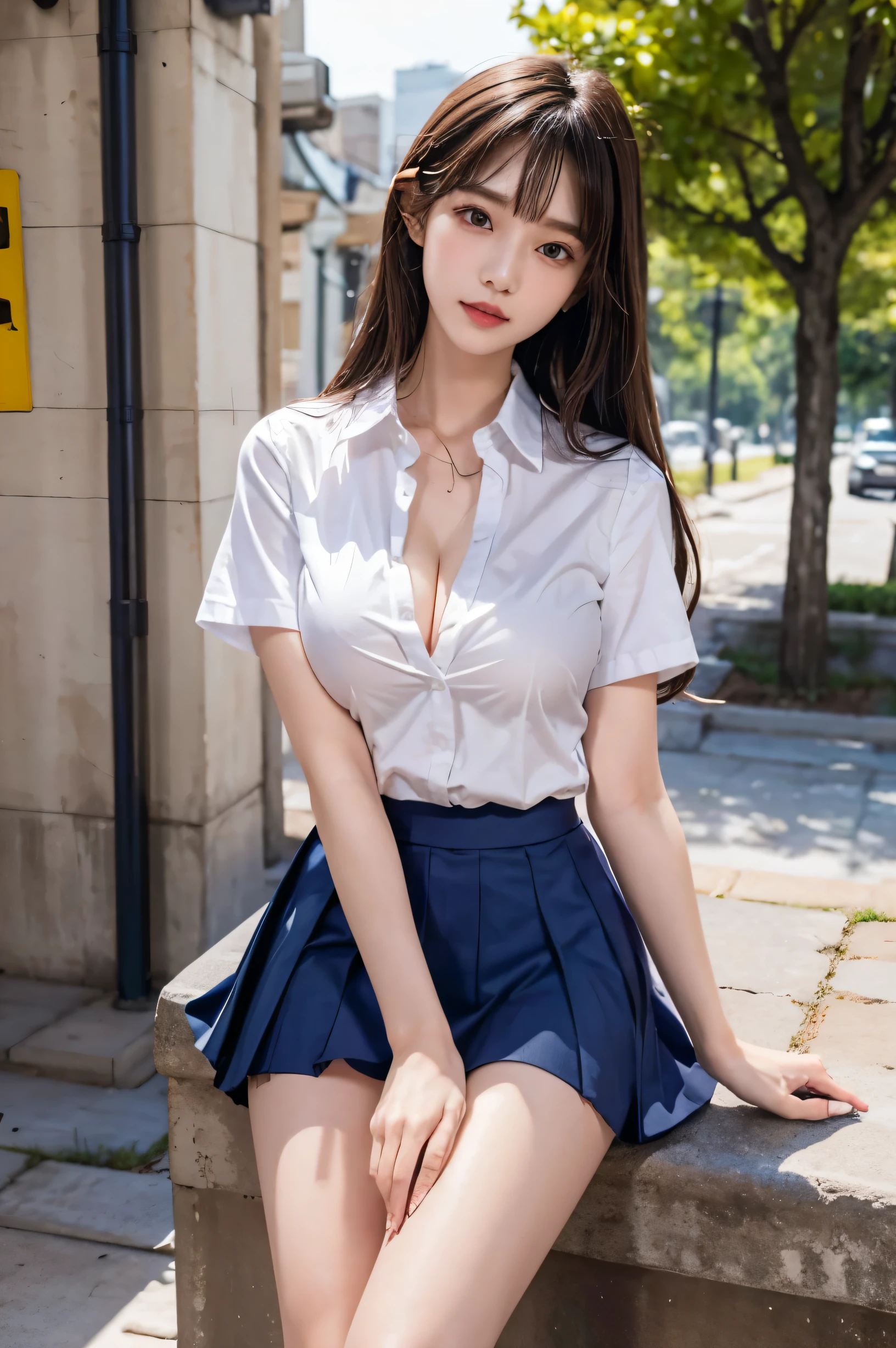 (ultra HD), (School uniform with short sleeves, White collared shirt, Navy Blue Skirt), (Big Breasts:1.5), (The cleavage is visible), Slender, whole body, (Clean and shiny skin, Whitening, No makeup), (超Slenderな顔立ち, Super beautiful face, Delicate face), (long hair, Layered Cut, Fluffy hair,light brown), (Patchy double eyelids, Slanted Eyes), Small Nose, Thin lips, Thin legs, Schoolyard