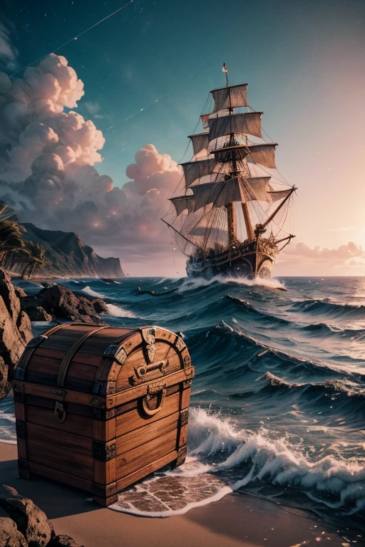 Treasure island, Pirate ships on Island, Treasure chest on island, Treasure pirate Island, blue ocean surrounding the island, carrabean island atmosphere, tropical island, ocean waves, Island in the ocean, digital art, intricate details, 8k, photorealistic, hyperrealistic, cinematic lighting, dramatic lighting, high quality, intricate details, masterpiece, digital art