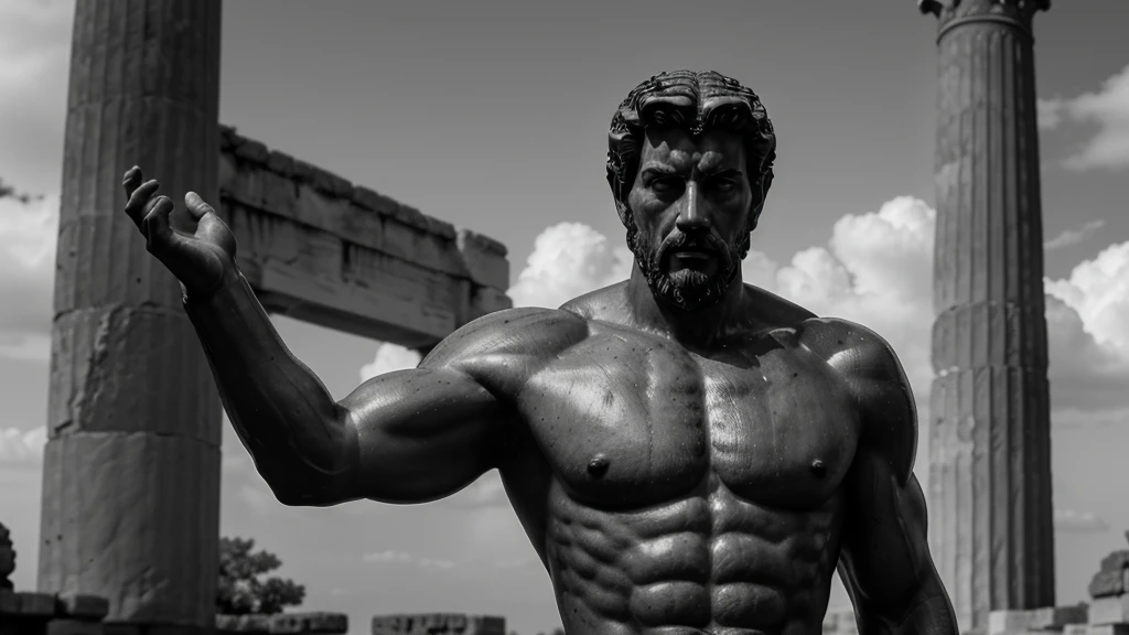 a portrait statue of the stoic Marcus Aurelius in black and white 4K, Super realistic ANCIENT GREEK RUINS, fully body, corpo stark, brawny, stark, wearing no shirt, tronco stark, stark, wearing no shirt, strong arms, 8k, ultra realisitic, cinematographic