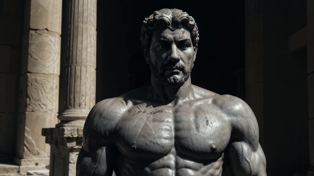 a portrait statue of the stoic Marcus Aurelius in black and white 4K, Super realistic ANCIENT GREEK RUINS, fully body, corpo stark, brawny, stark, wearing no shirt, tronco stark, stark, wearing no shirt, strong arms, 8k, ultra realisitic, cinematographic
