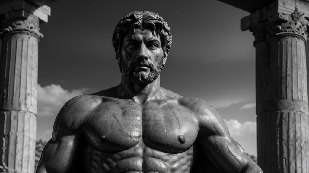 a portrait statue of the stoic Marcus Aurelius in black and white 4K, Super realistic ANCIENT GREEK RUINS, fully body, corpo stark, brawny, stark, wearing no shirt, tronco stark, stark, wearing no shirt, strong arms, 8k, ultra realisitic, cinematographic