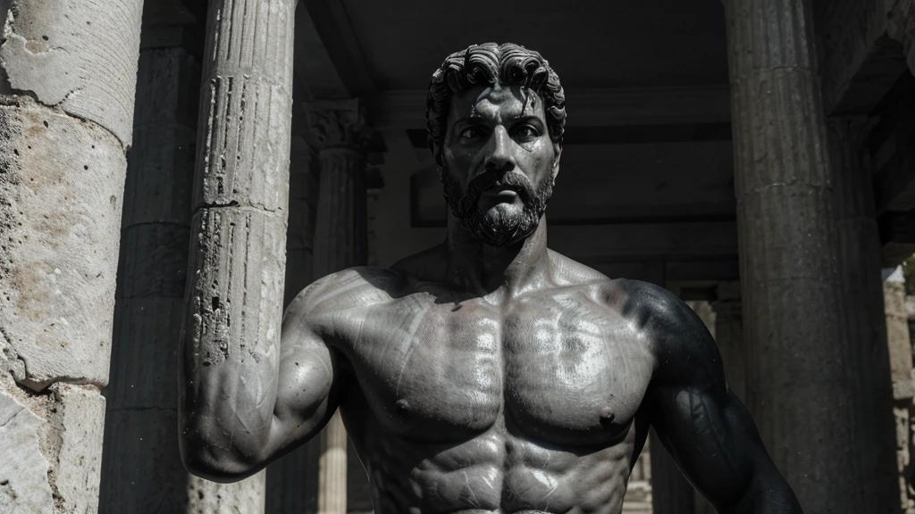 a portrait statue of the stoic Marcus Aurelius in black and white 4K, Super realistic ANCIENT GREEK RUINS, fully body, corpo stark, brawny, stark, wearing no shirt, tronco stark, stark, wearing no shirt, strong arms, 8k, ultra realisitic, cinematographic
