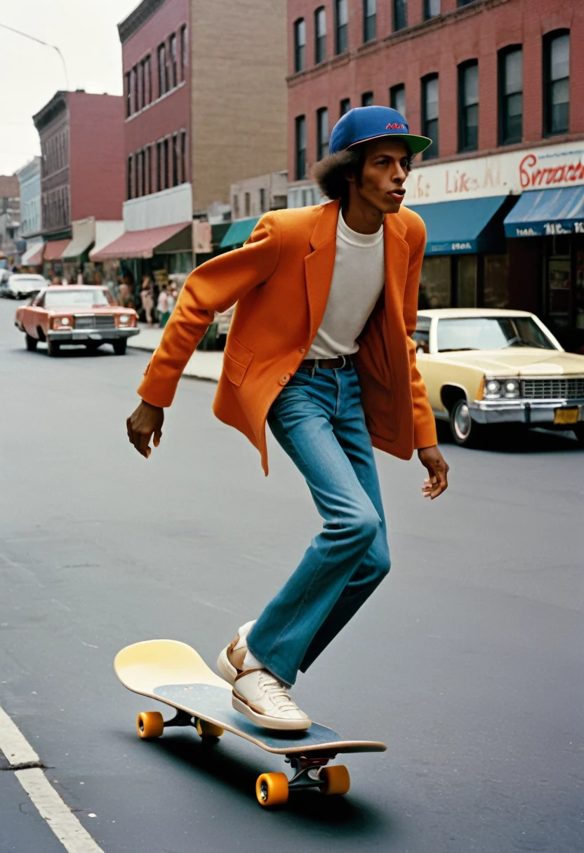 There is a man riding a skateboard down the street, in style of Joel Meyerowitz, campaña like boys, style of Joel Meyerowitz, Jamil Shabazz, por Glen Angus, Ralph Goings, Joel Meyerowitz, skater style, annie leibowitz, inspired by Bruce Gilden, michael bair, Bronson Action