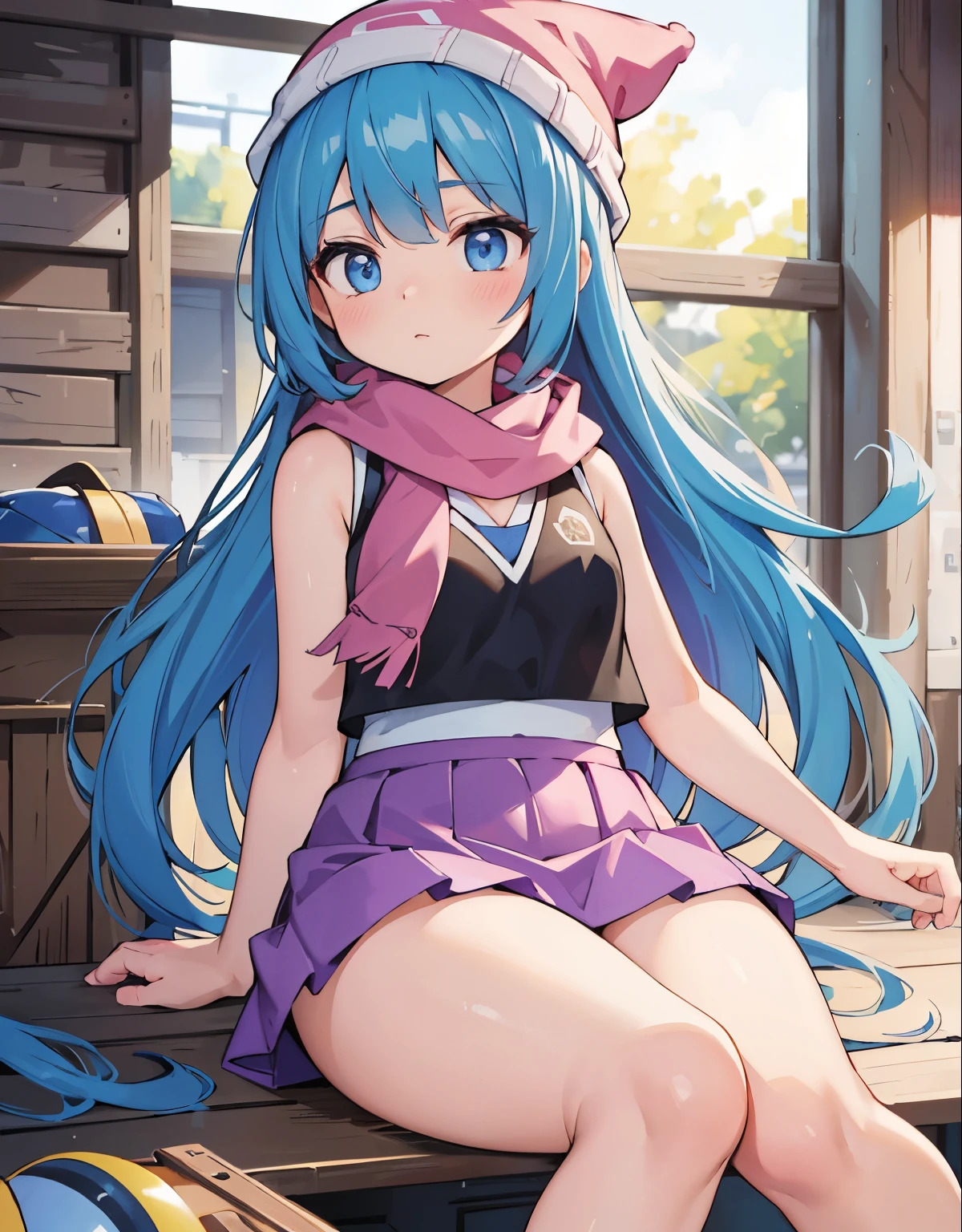 (best quality,4k,8k,highres,masterpiece:1.2), ultra-detailed, realistic:1.37, HDR, studio lighting, vivid colors, bokeh, an unconscious girl face down inside an abandoned warehouse, \(pokemon\), beanie, long hair, blue hair, blue eyes, detailed eyes, beautiful eyes, black sleeveless shirt, pink scarf, pink skirt, body shape, chubby thighs,women&#39;s bag and women&#39;s accessories on the floor, View from above