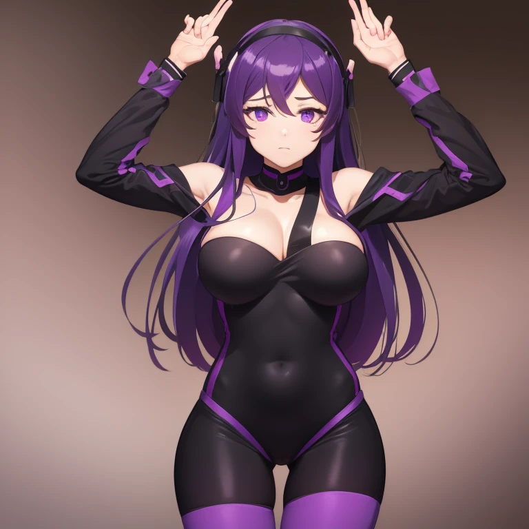 1 girl,NSfW,Nozomi Tojo, (love live), Visor VR, clavicle, absurd, brainwashing,fighter, empty eyes,((bright purple eyes 1.8)), ( huge breasts 1.2 ), ((Stand, Standing in honor)), No expression, emotions removed,((black jumpsuit)),set aside , whole body form,(of the highest quality、4k、8k、high resolution、should have:1.2)、super detailed、(reality、He&#39;s realist、realist:1.37)、heart、hyper high definition、studio lighting、ultra definition paint、sharp focus、Physically based representation、Extreme details、Professional specifications、vitality and color、blurred、sports portrait、landscape、horror style、anime big breasts、Sf、Photography、Conceptual artist、Five fingers, perfect body, {{{Masterpiece}}}, {{{of the highest quality}}}, {{super detailed}}, {form}, {{very delicate and beautiful}},Improved cost performance、all roles、Canon 5D MK4でPhotography、Photography,

